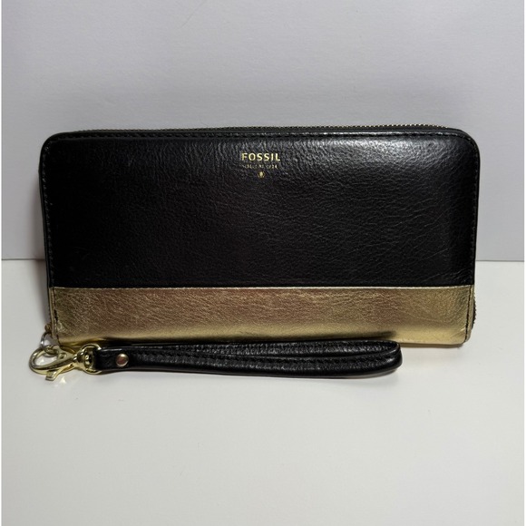 Fossil Handbags - Fossil Zip Around Clutch Wallet Black Gold Metallic Women's Leather Wristlet EUC